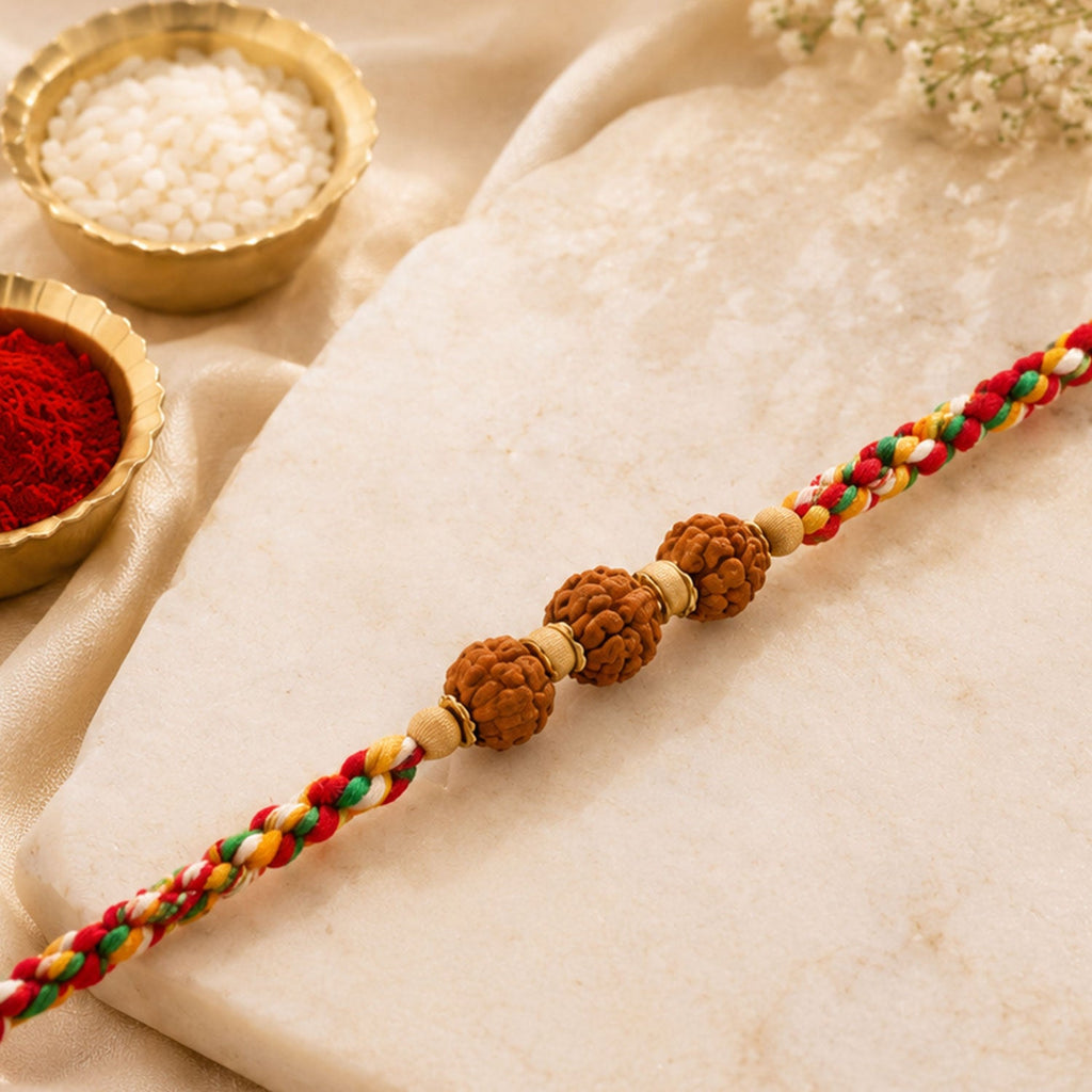 ALVENZA Rudraksha Style Devotional Rakhi with Braided Red Green Yellow Thread and Wooden Beads