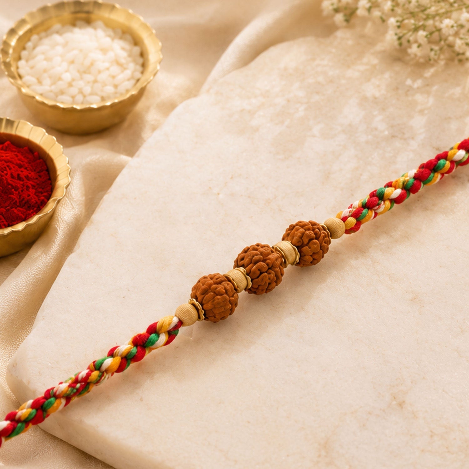 ALVENZA Rudraksha Style Devotional Rakhi with Braided Red Green Yellow Thread and Wooden Beads