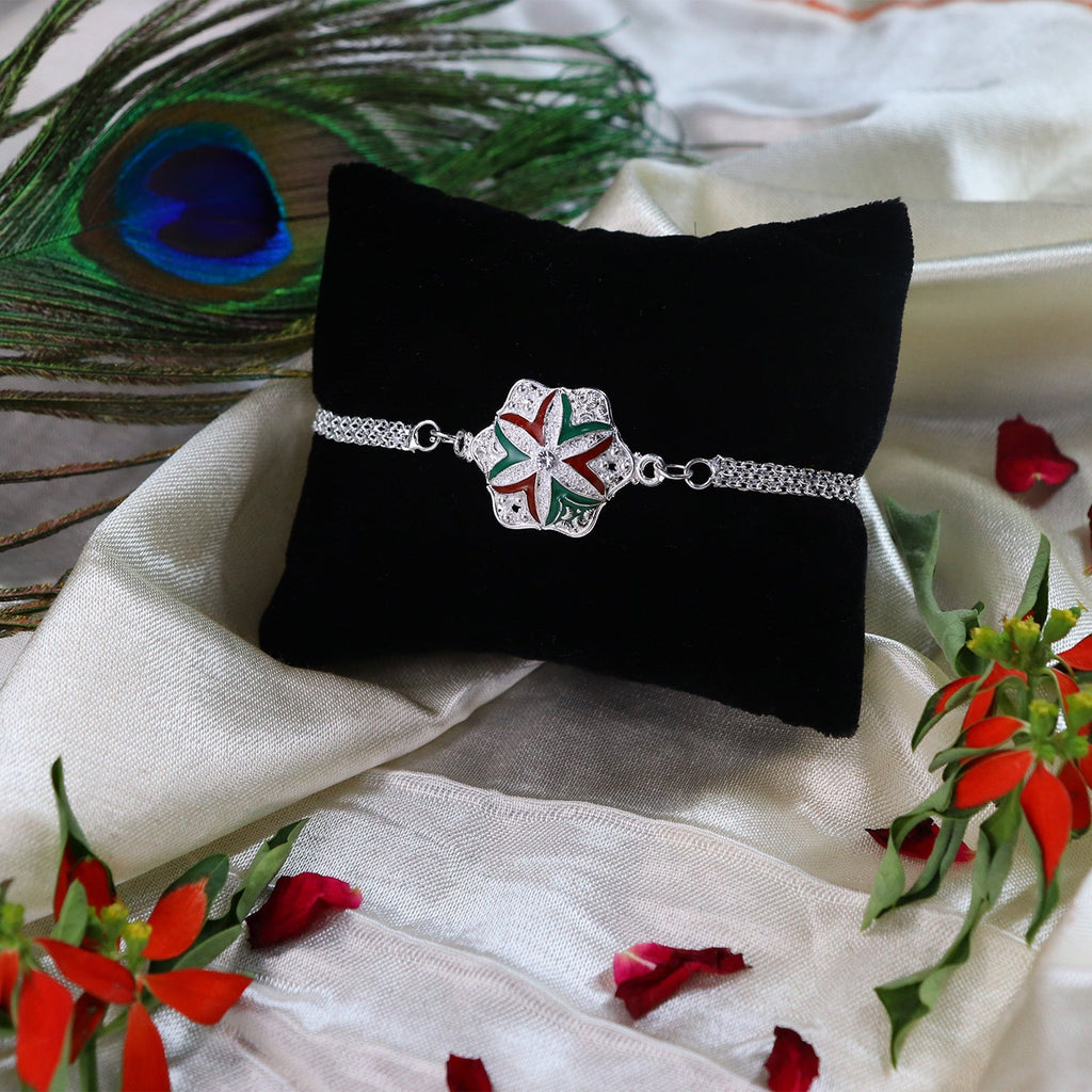 ALVENZA Silver Chain Rakhi - Elegant Flower Design for Brother