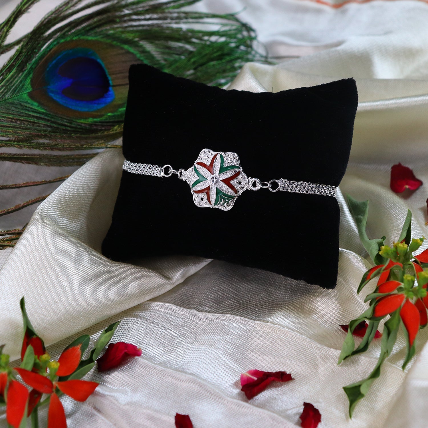 ALVENZA Silver Chain Rakhi - Elegant Flower Design for Brother