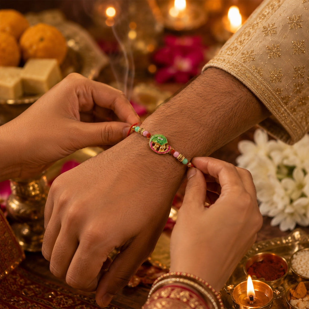 ALVENZA Mini Krishna Peacock Leaf Rakhi – Elegant Traditional Design for Raksha Bandhan