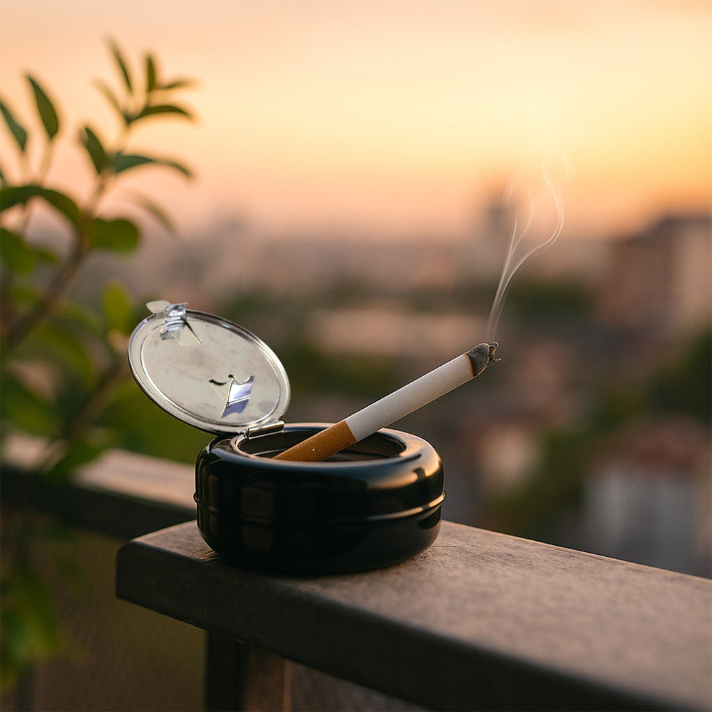 ALVENZA Round Smokeless Ashtray with Lid – Windproof & Easy Clean