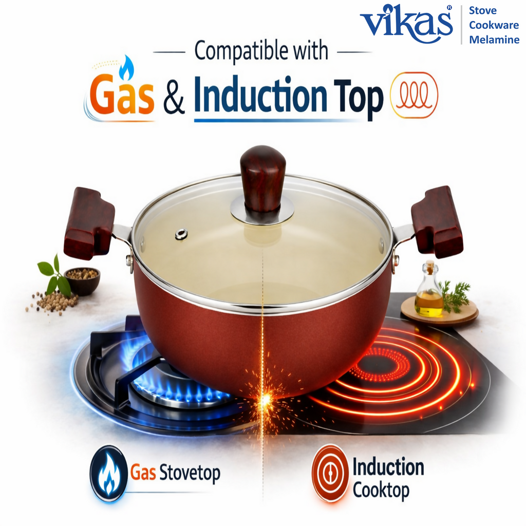 ALVENZA Vikas Ceramic Deep Kadai – Non-Stick & Wooden Handles for Versatile Cooking