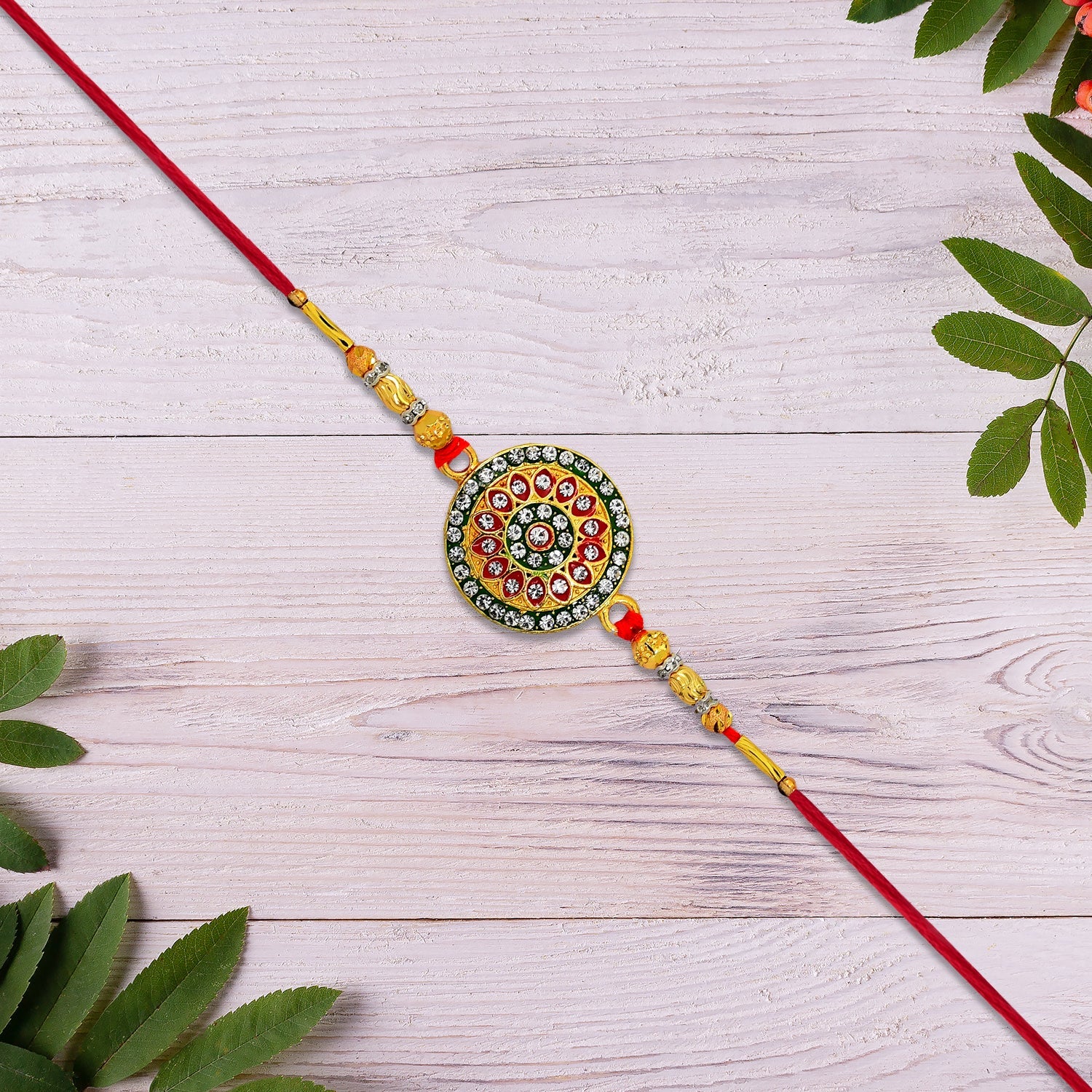 ALVENZA Royal Designer Rakhi – Kundan Centerpiece with Golden Beads