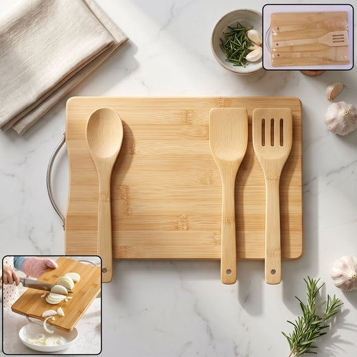 ALVENZA Wooden Cutting Board Combo Set with Bamboo Spoon Spatula and Turner (4 Pc Set)
