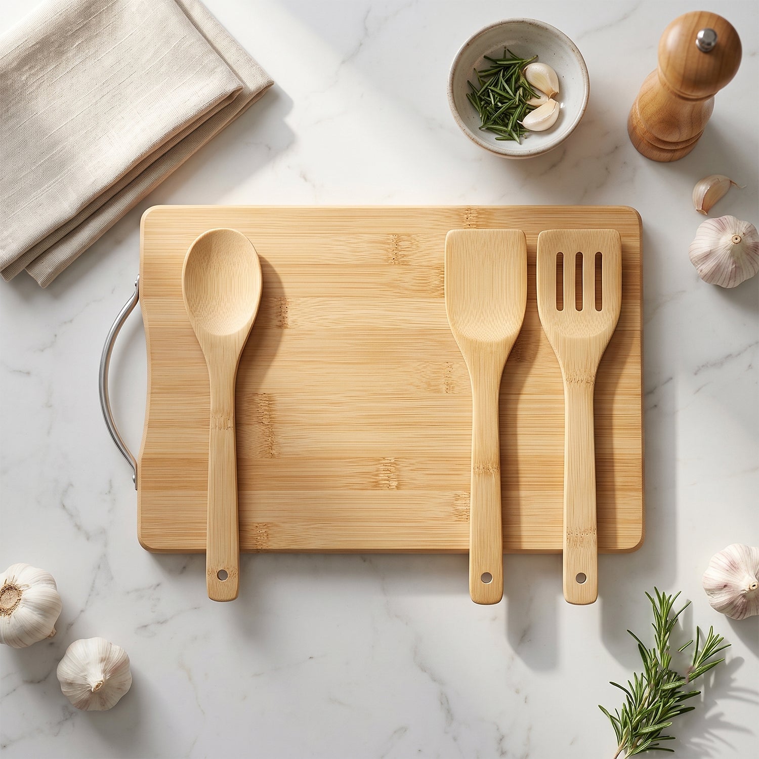 ALVENZA Wooden Cutting Board Combo Set with Bamboo Spoon Spatula and Turner (4 Pc Set)