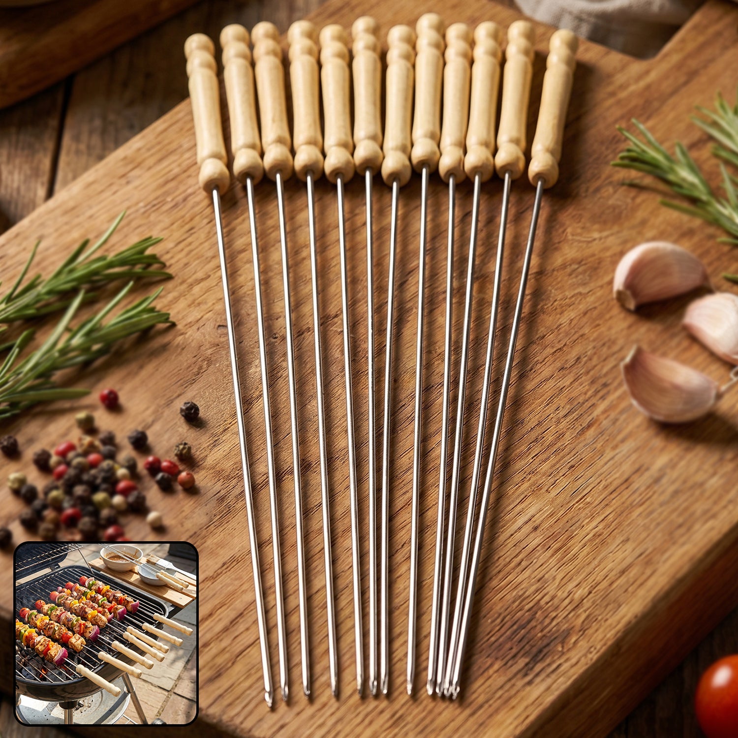 Stainless Steel BBQ Skewers Reusable Grilling Sticks with Wooden Handle