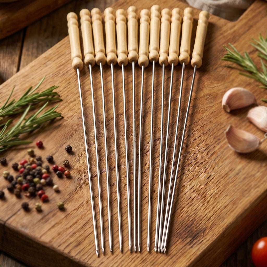 Stainless Steel BBQ Skewers Reusable Grilling Sticks with Wooden Handle - Front View