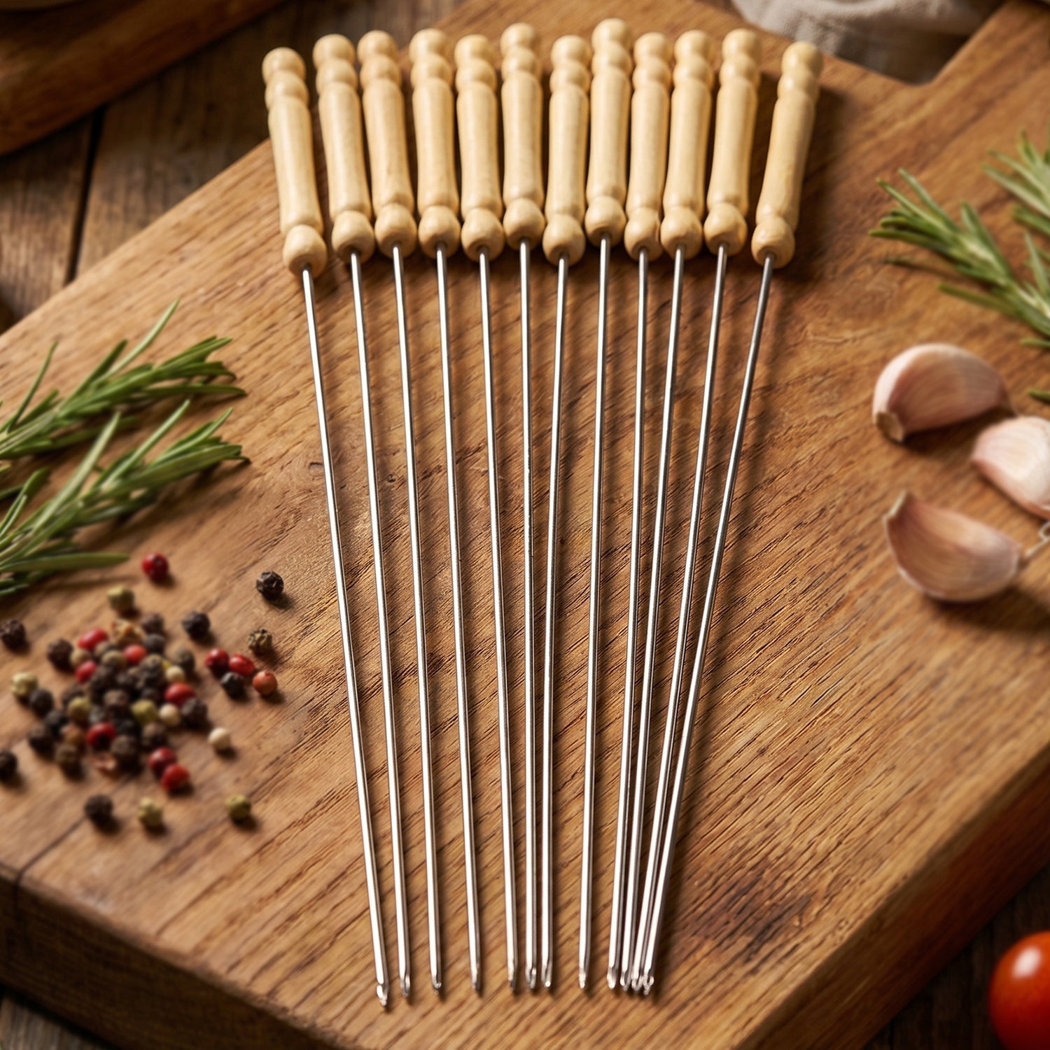 Stainless Steel BBQ Skewers Reusable Grilling Sticks with Wooden Handle - Front View