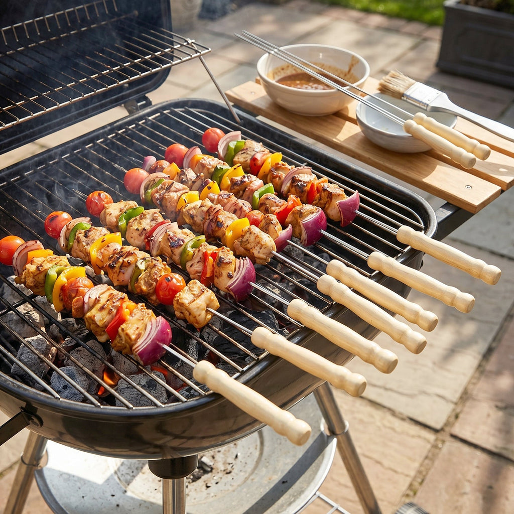Stainless Steel BBQ Skewers Reusable Grilling Sticks with Wooden Handle - Detail View 7