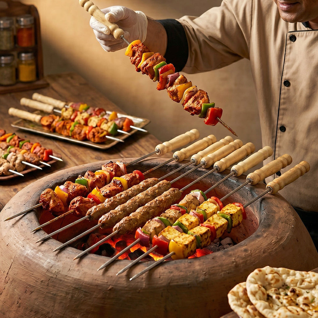Stainless Steel BBQ Skewers Reusable Grilling Sticks with Wooden Handle - Detail View 5