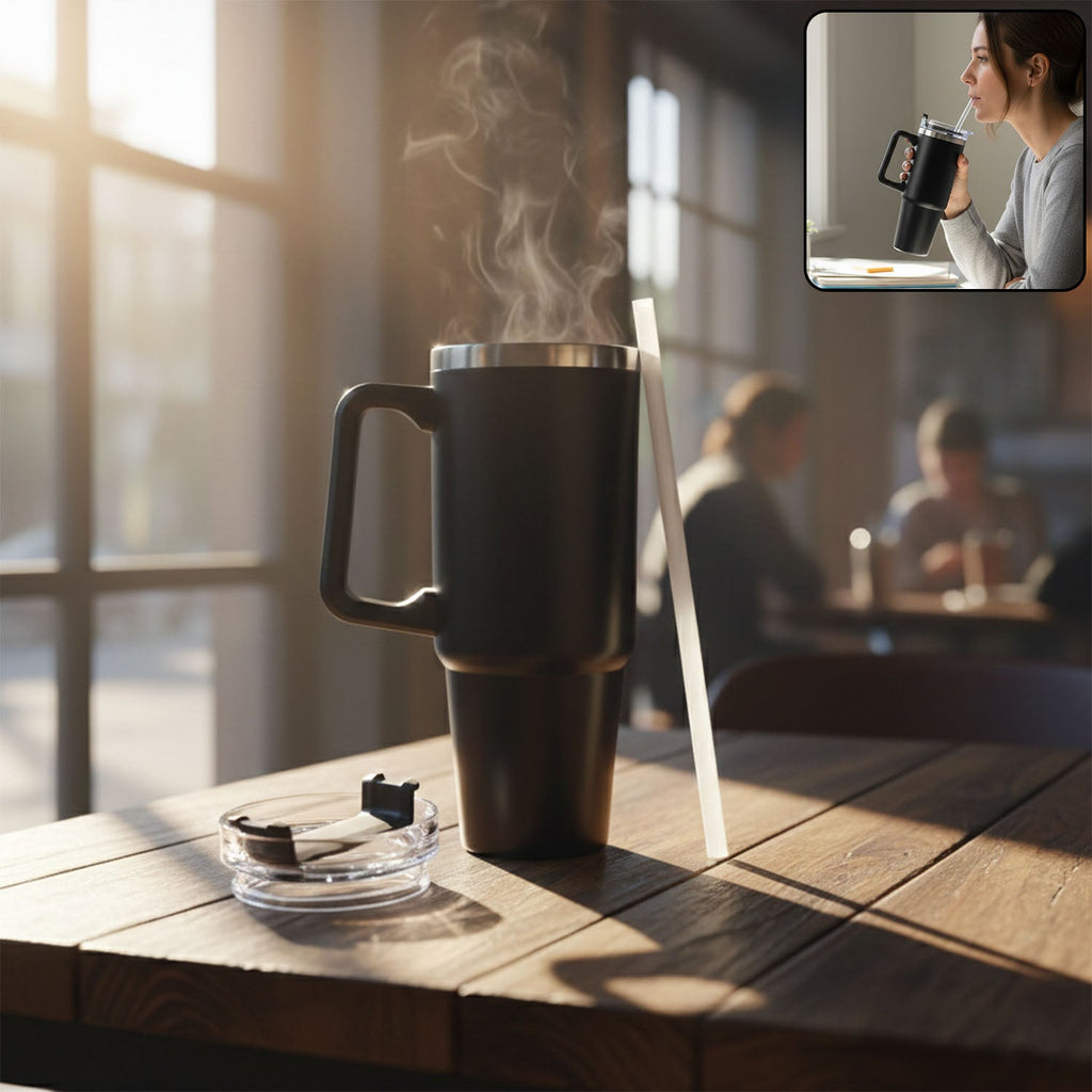 ALVENZA Large Capacity Travel Mug – 890 ML Insulated Black Tumbler