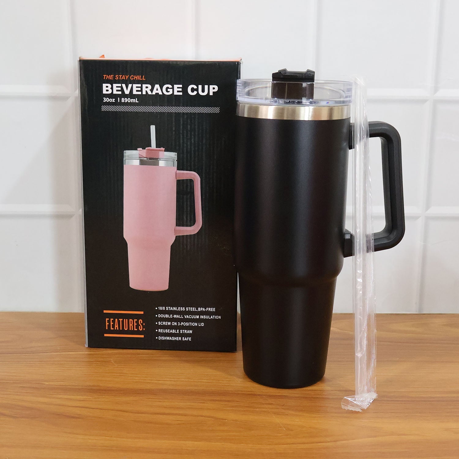 ALVENZA Large Capacity Travel Mug – 890 ML Insulated Black Tumbler