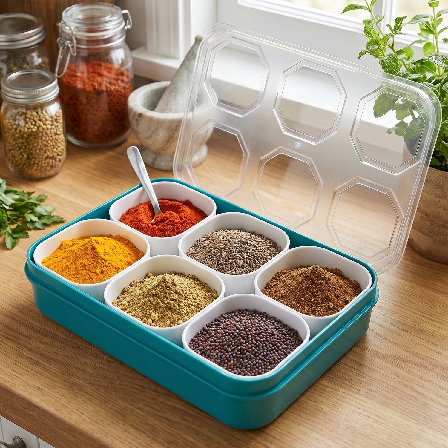Spice Storage Box 6 Compartments for Easy Kitchen Organization - Front View