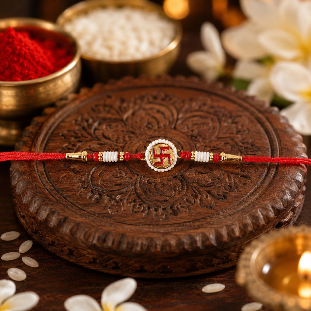 ALVENZA Swastik Pearl Frame Rakhi – Elegant and Traditional Tie for Brothers