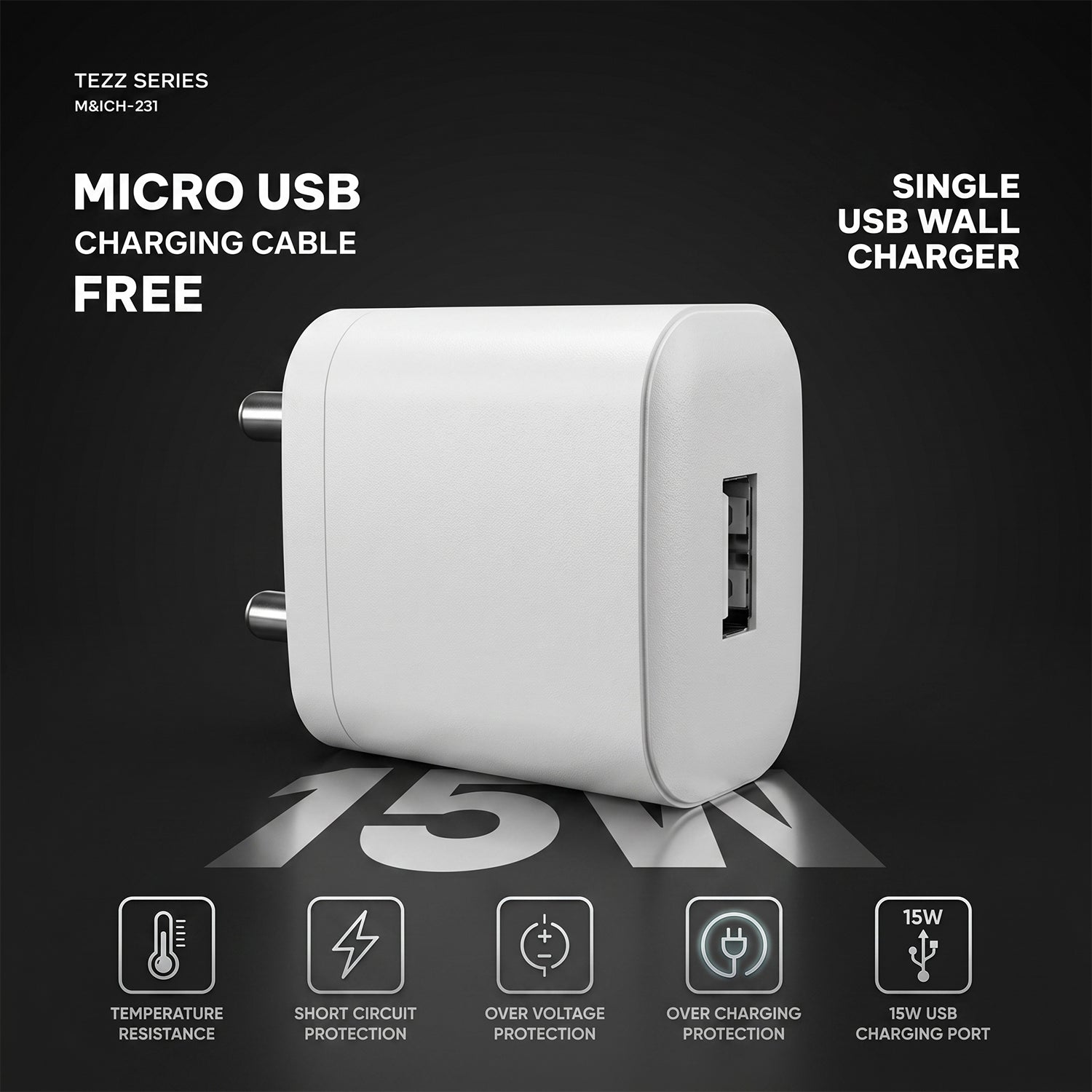 ALVENZA 15W USB Fast Charging Adapter with Micro USB Cable