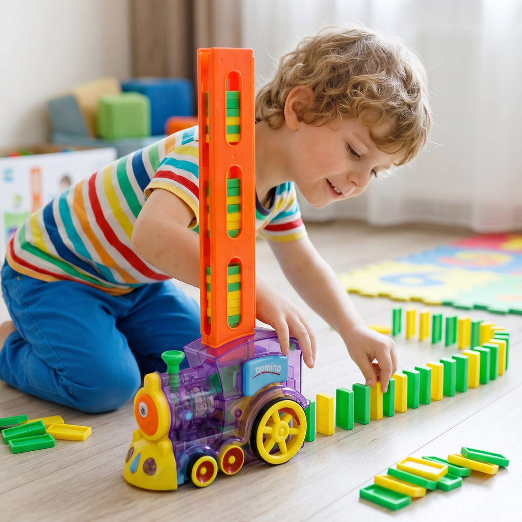 ALVENZA Automatic Domino Laying Train Engine Toy with Light and Music for K...