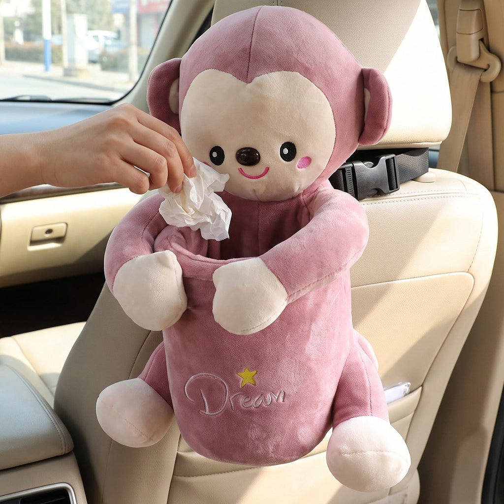 ALVENZA Car Trash Can and Tissue Box Holder Cute Plush Monkey Dustbin Organizer (1 Pc)