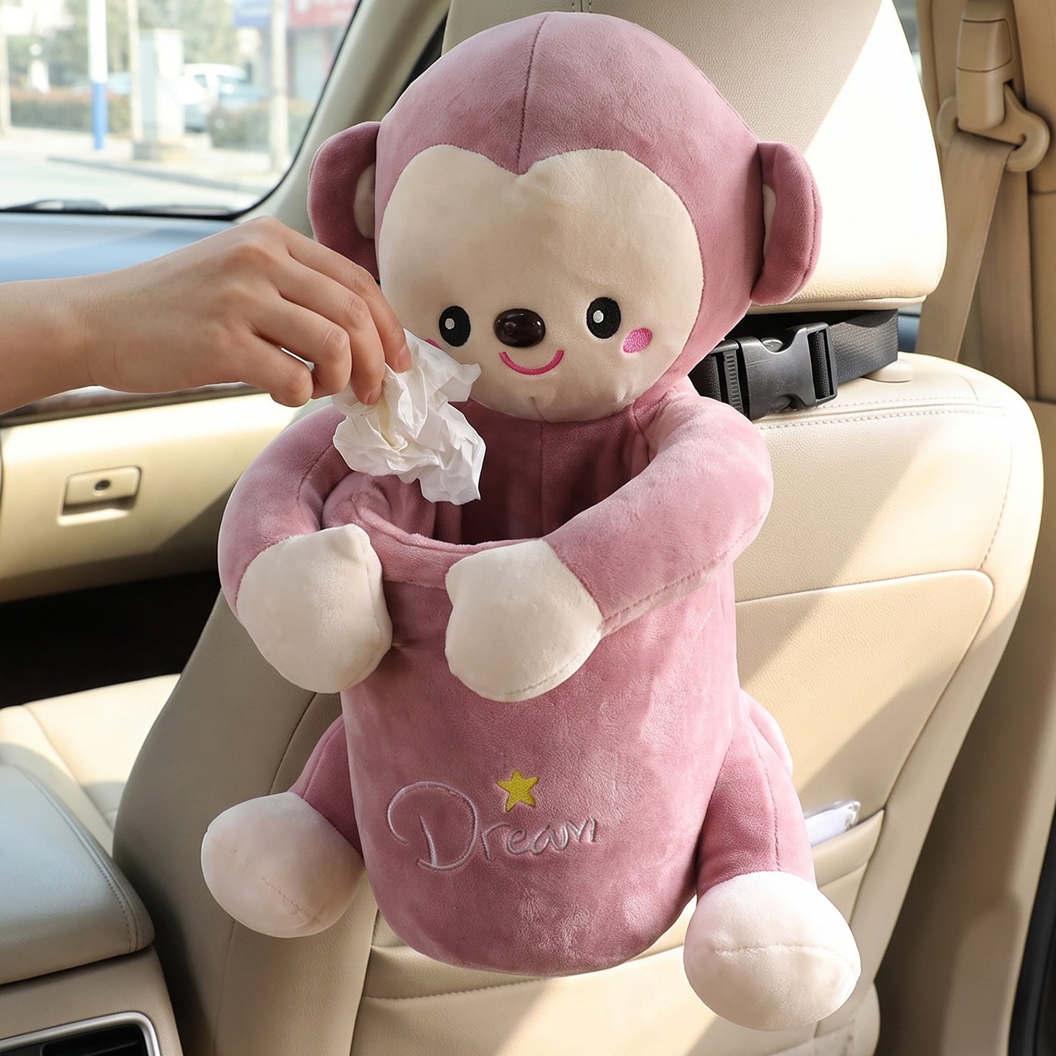 ALVENZA Car Trash Can and Tissue Box Holder Cute Plush Monkey Dustbin Organizer (1 Pc)