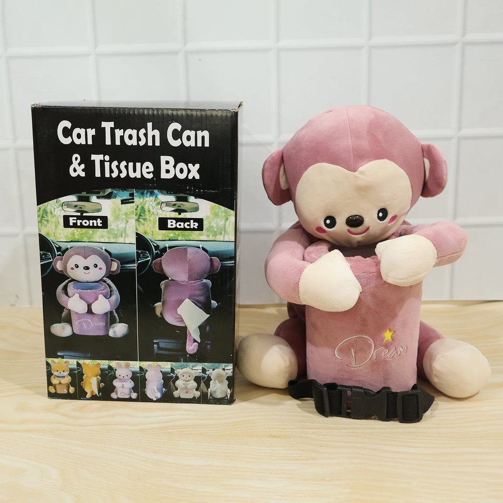 ALVENZA Car Trash Can and Tissue Box Holder Cute Plush Monkey Dustbin Organizer (1 Pc)