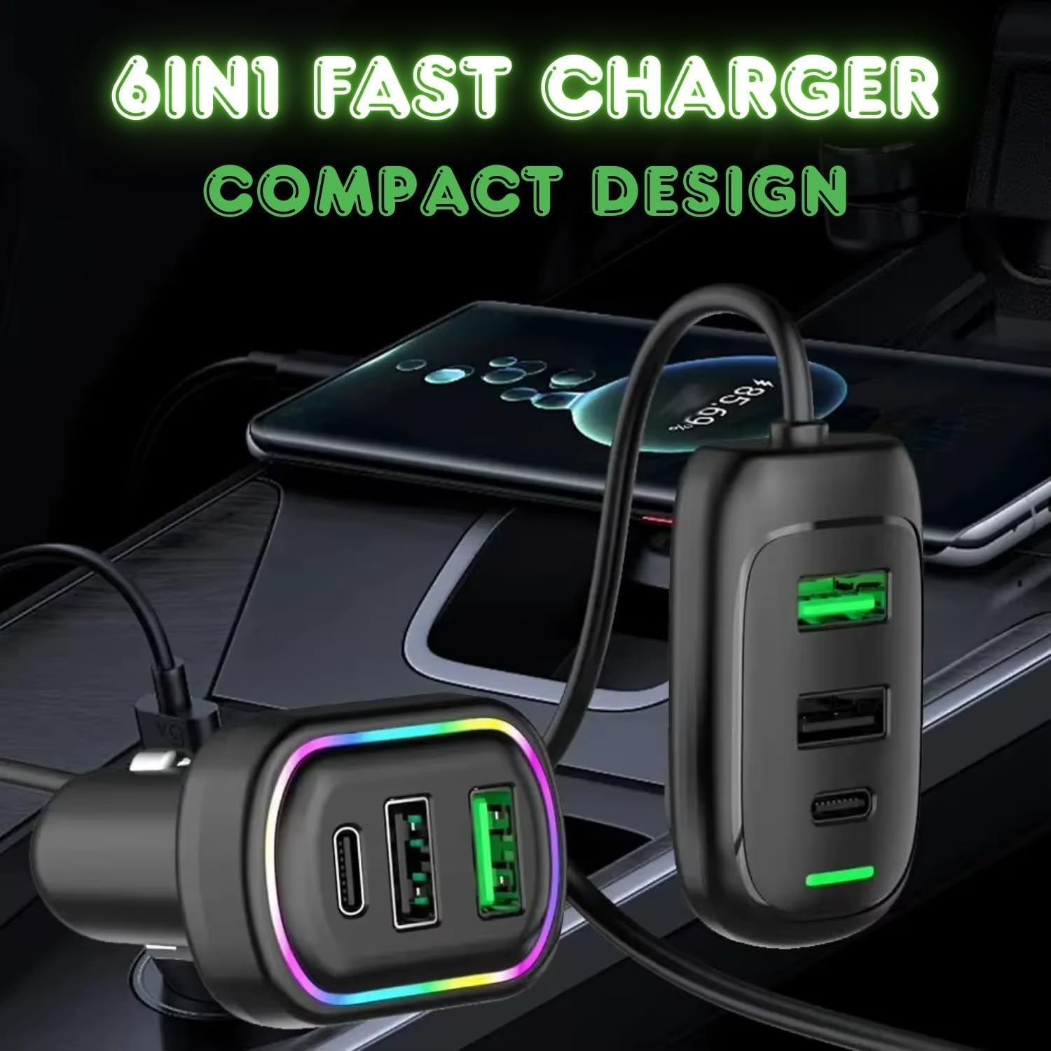 ALVENZA RGB Car USB Charger – Multi-port Fast Charging with LED Light