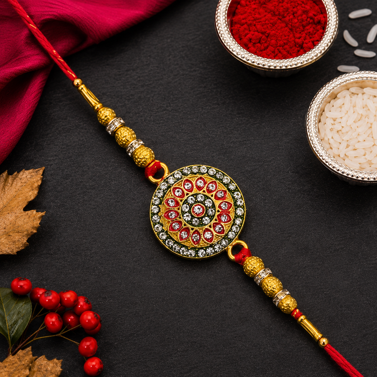 ALVENZA Kundan Rakhi - Royal Golden Enamel Work Design for Bhai