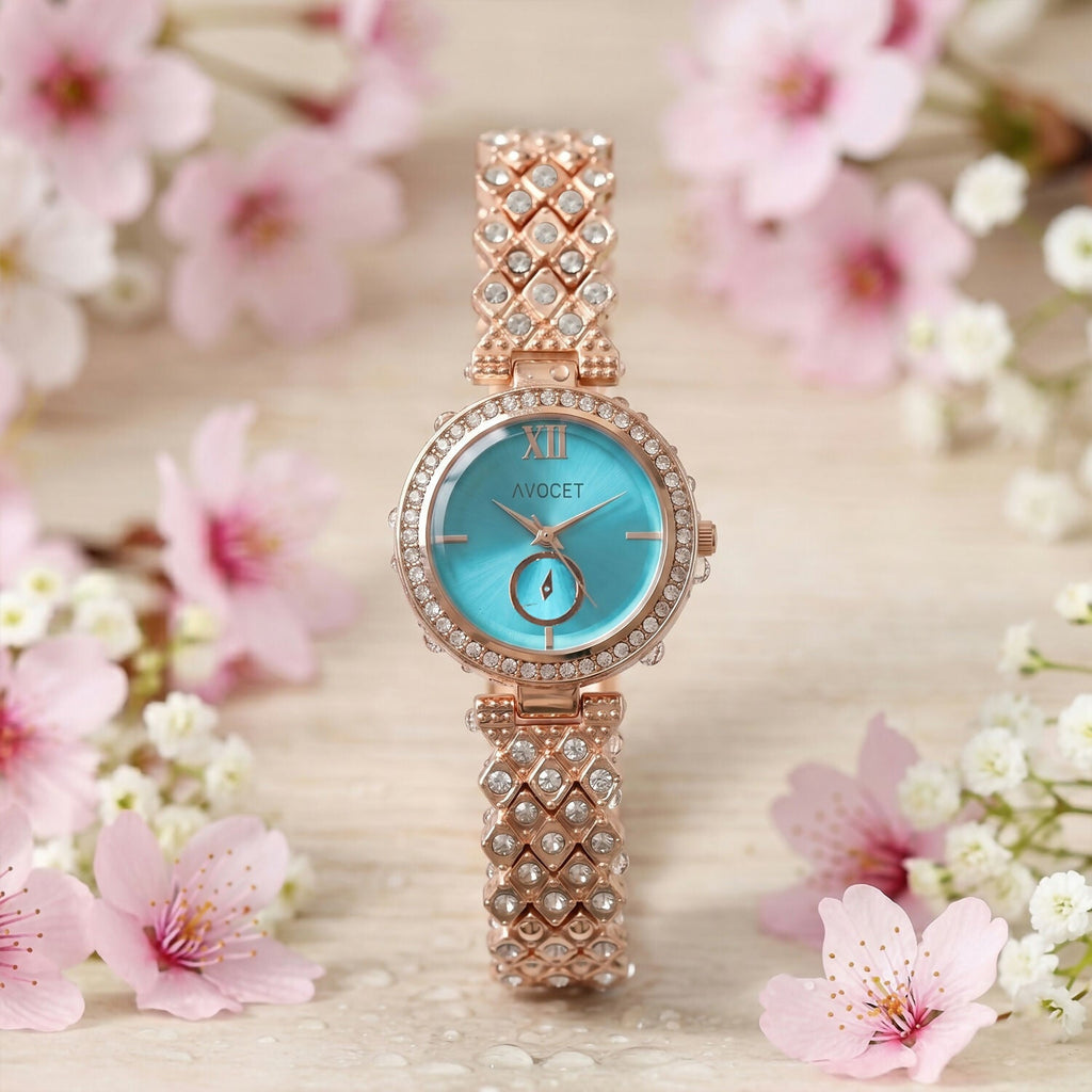 Women’s Premium Analog Watch – Elegant Blue Dial & Rose Gold Design