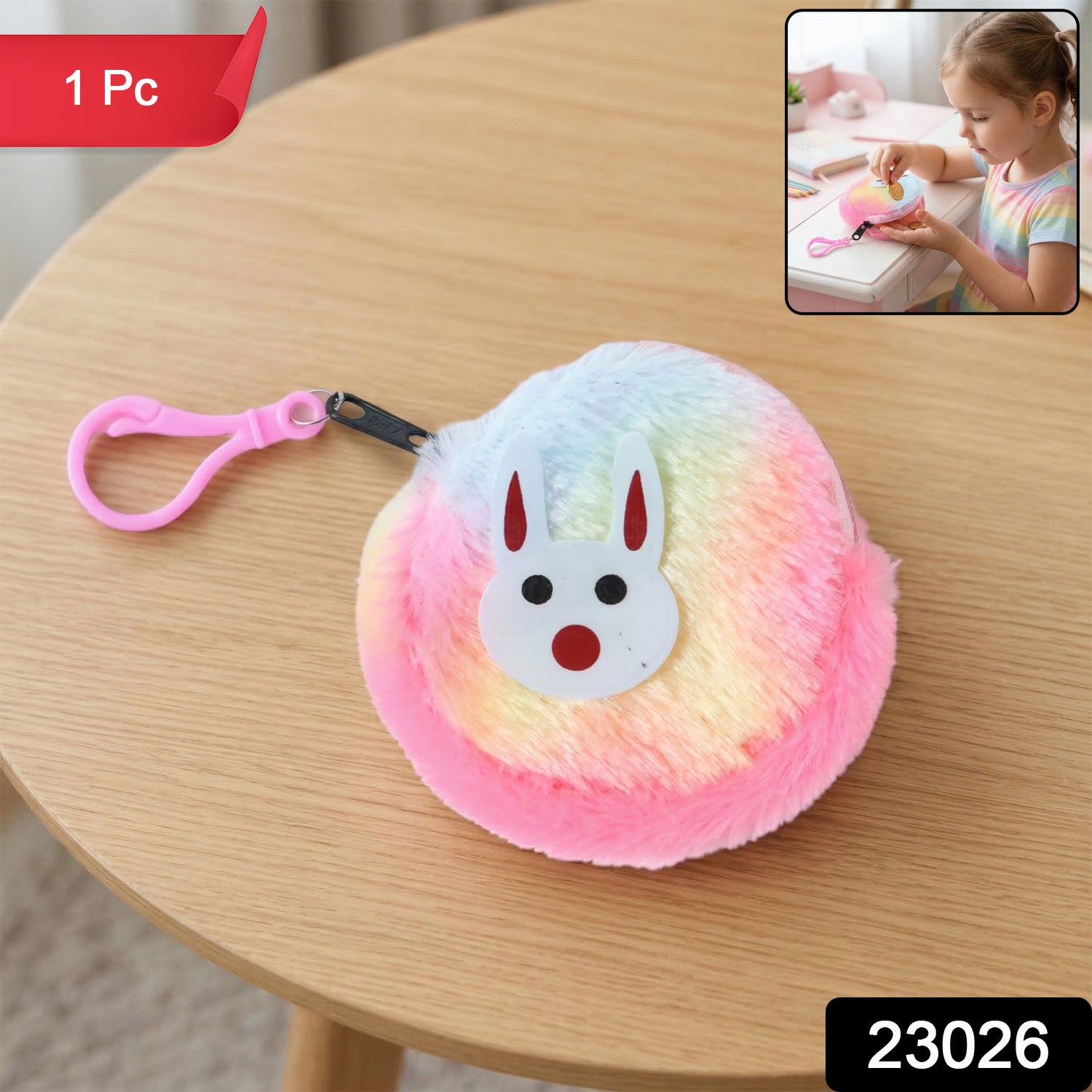 ALVENZA Cute Bunny Design Rainbow Fur Mini Coin Purse Keychain – Compact & Stylish for Kids