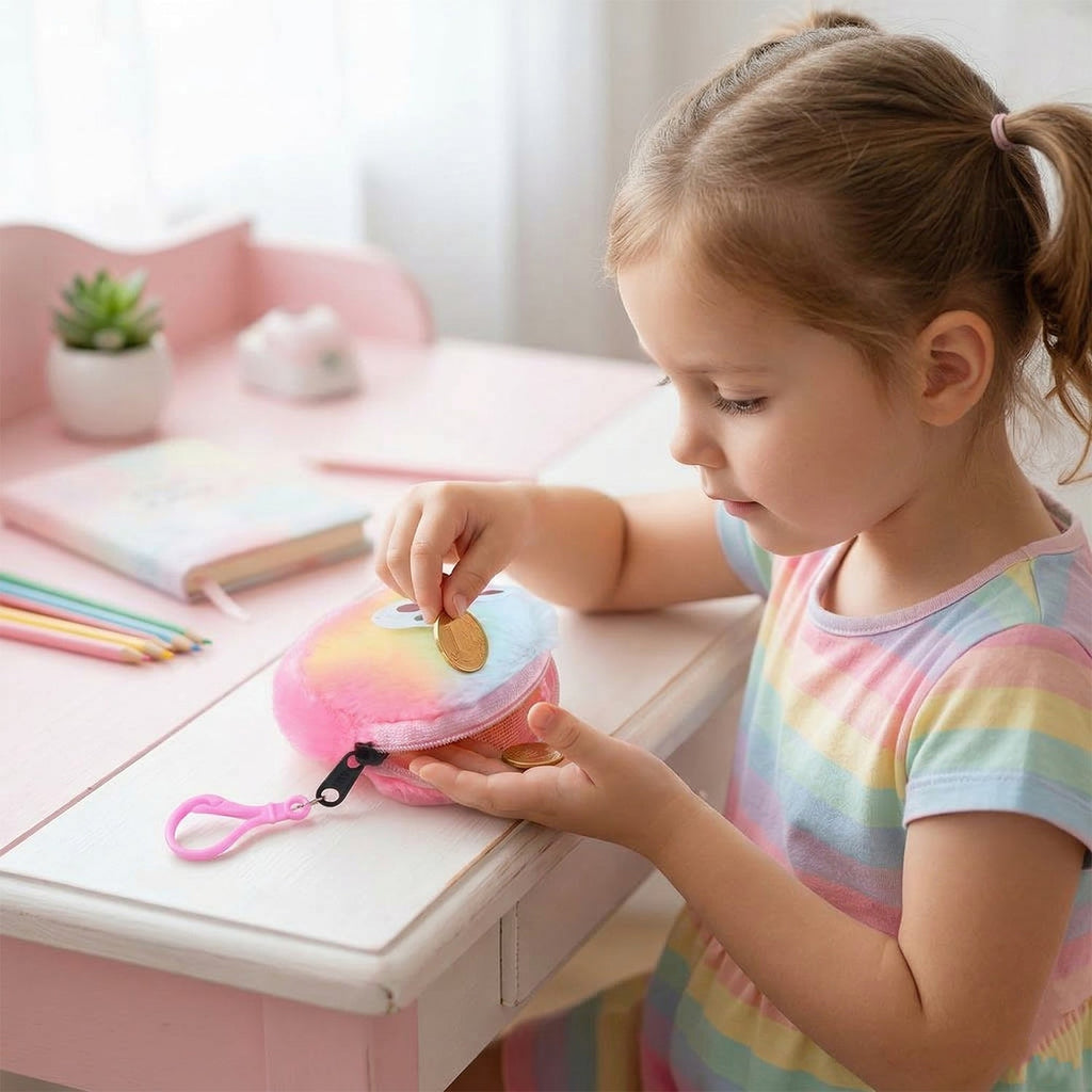 ALVENZA Cute Bunny Design Rainbow Fur Mini Coin Purse Keychain – Compact & Stylish for Kids