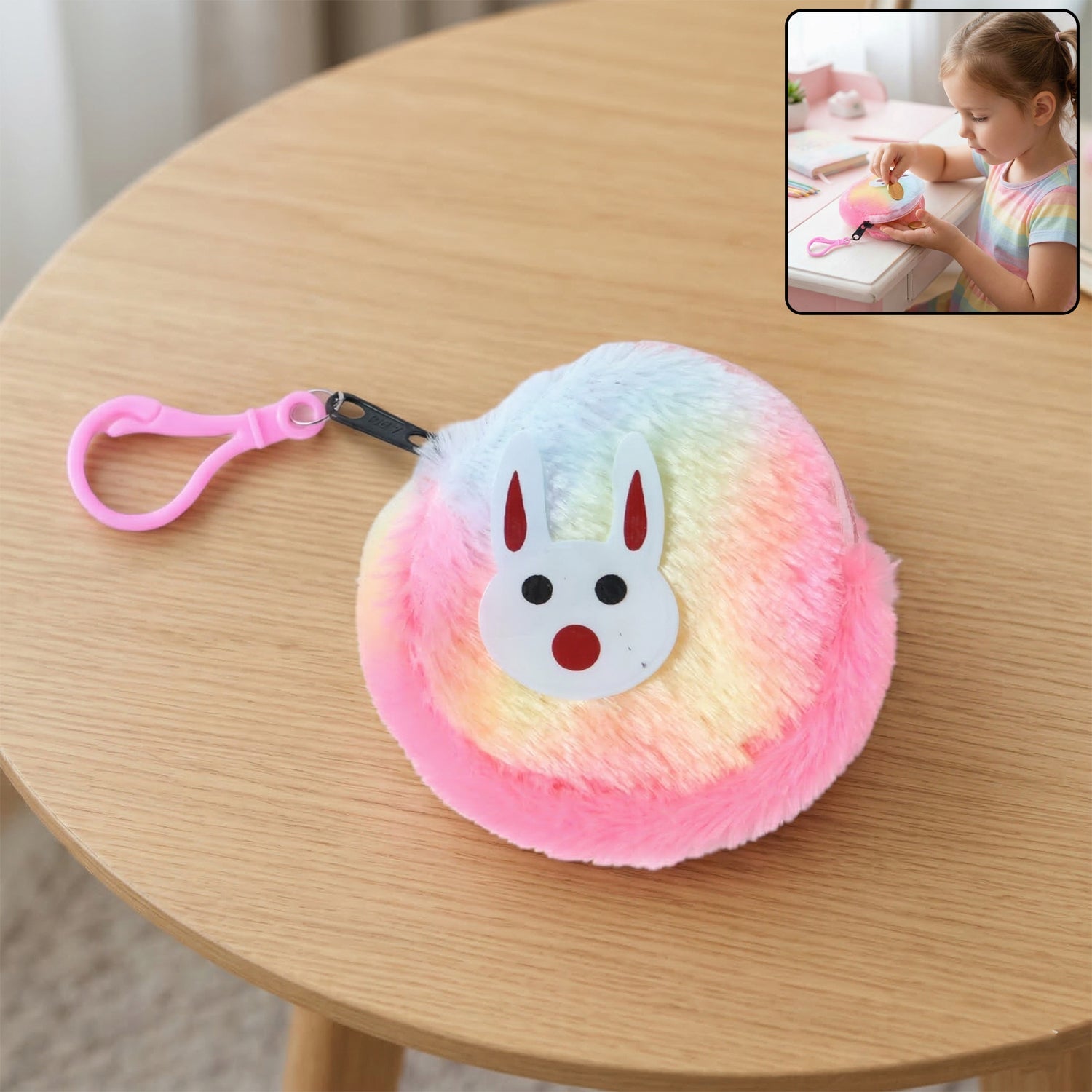 ALVENZA Cute Bunny Design Rainbow Fur Mini Coin Purse Keychain – Compact & Stylish for Kids
