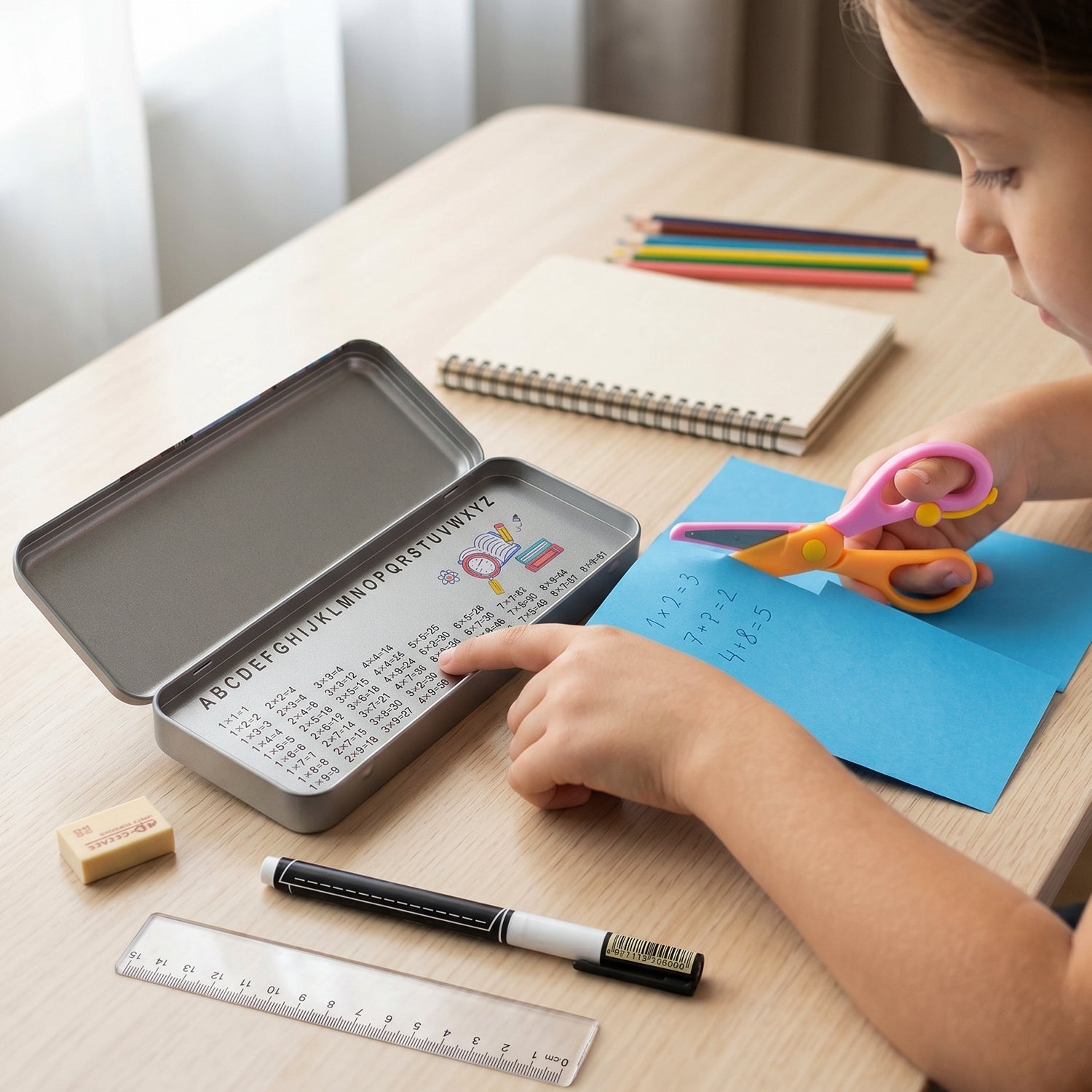Kids Metal Pencil Box Set Complete Stationery Organisation - Front View
