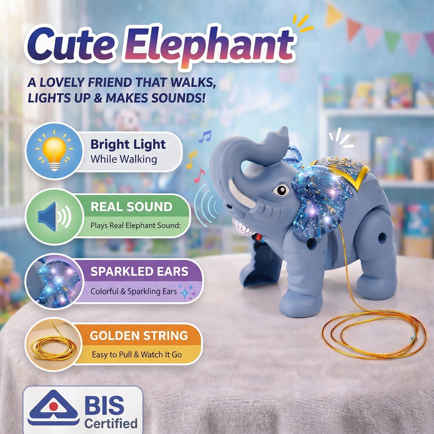 ALVENZA Light-Up Elephant Pull Toy – Engaging & Educational Sensory Play