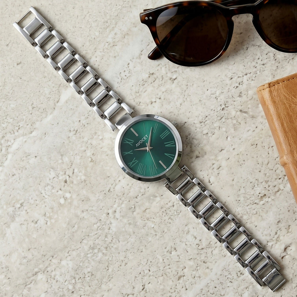 Women’s Green Dial Watch – Elegant Silver Strap with Modern Design