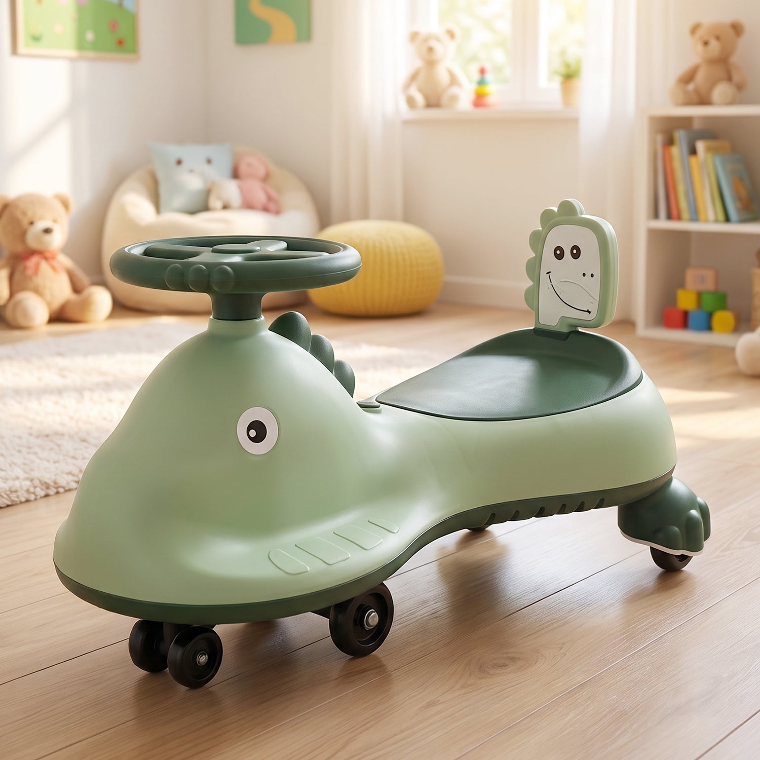 ALVENZA Kids Dinosaur Swing Car Ride On Toy with Music and Steering Wheel (1 Pc)