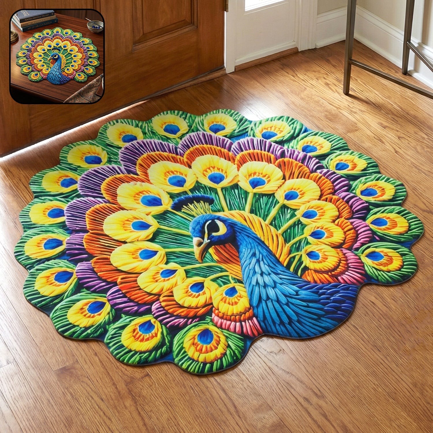 Peacock Design Floor Mat Vibrant and Soft Home Decor - Front View