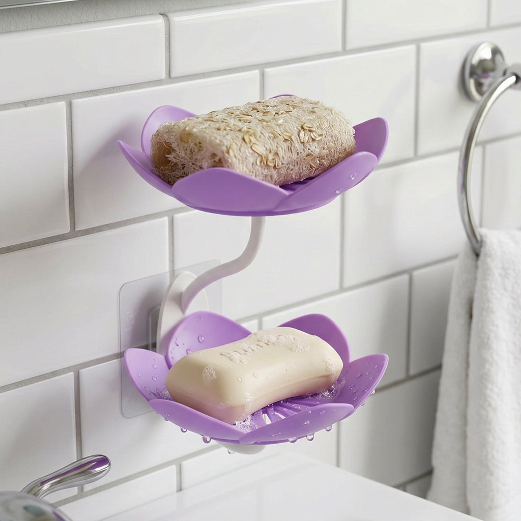 Flower Shape Double Layer Soap Dish Wall Mount, No Drilling - Back View