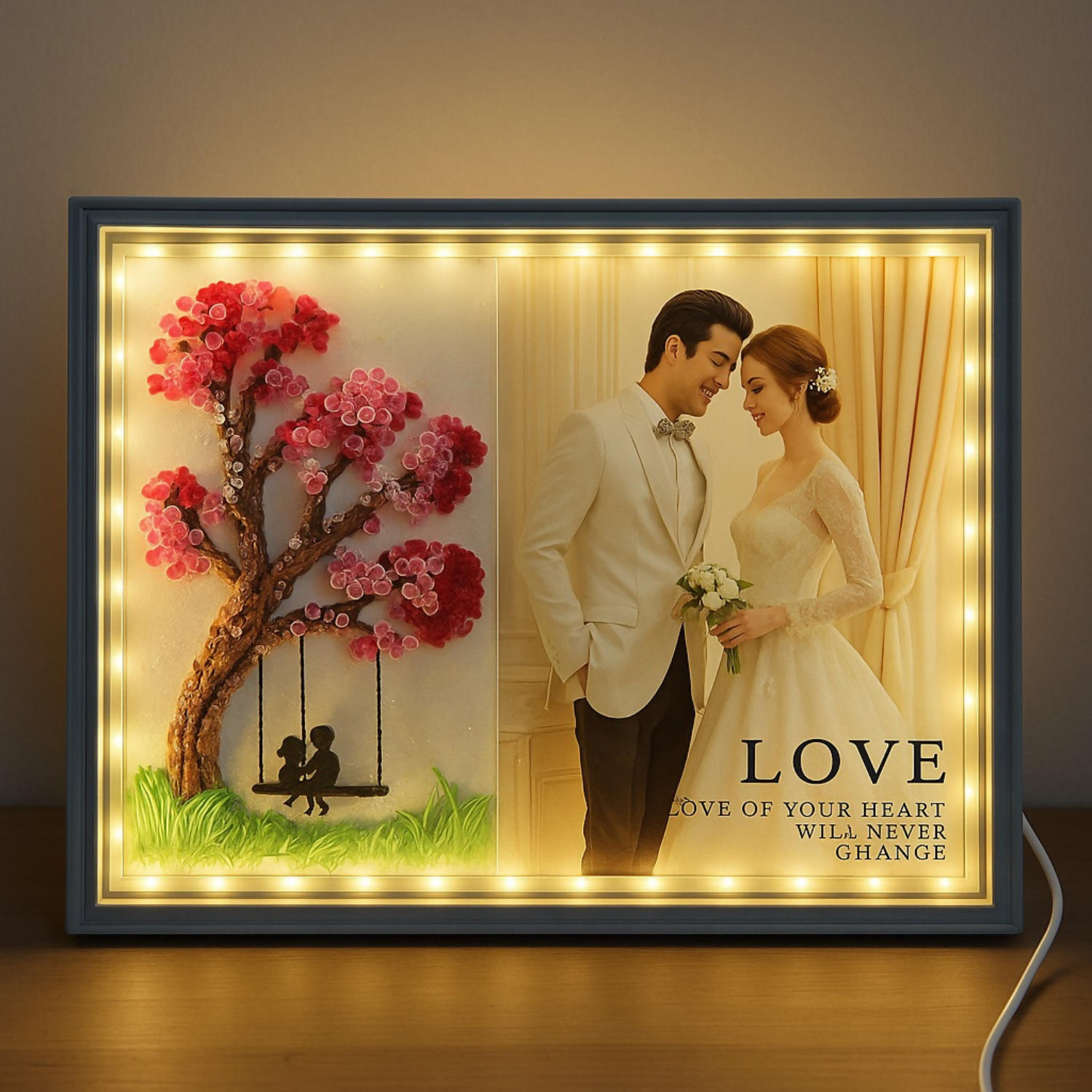 ALVENZA Romantic LED Photo Frame – 3D Tree & Couple Swing with Warm Light