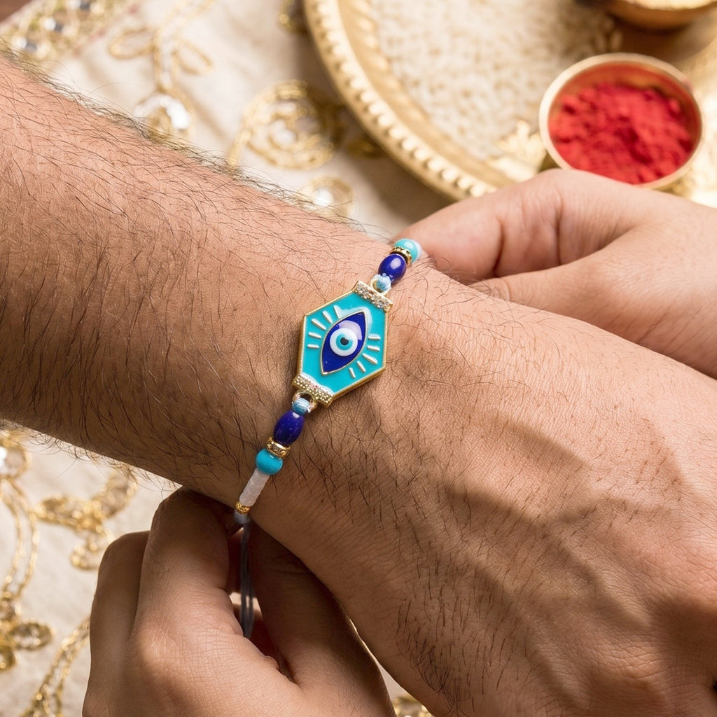 ALVENZA Evil Eye Hexagon Rakhi – Modern Protection Design for Raksha Bandhan