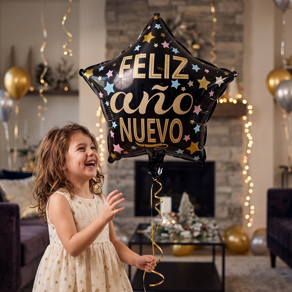 Black Star Feliz Ano Nuevo Foil Balloon Bright Festive Decor - Front View