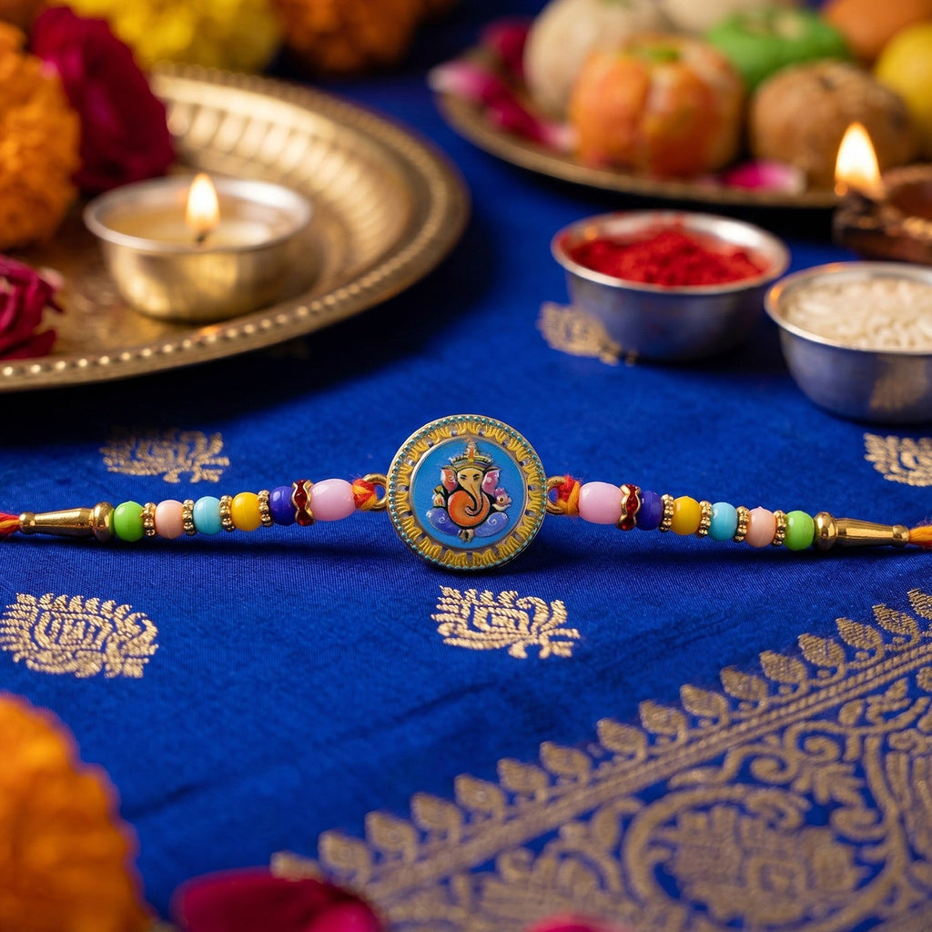ALVENZA Shop Lord Ganesha Round Coin Designer Rakhi for Raksha Bandhan