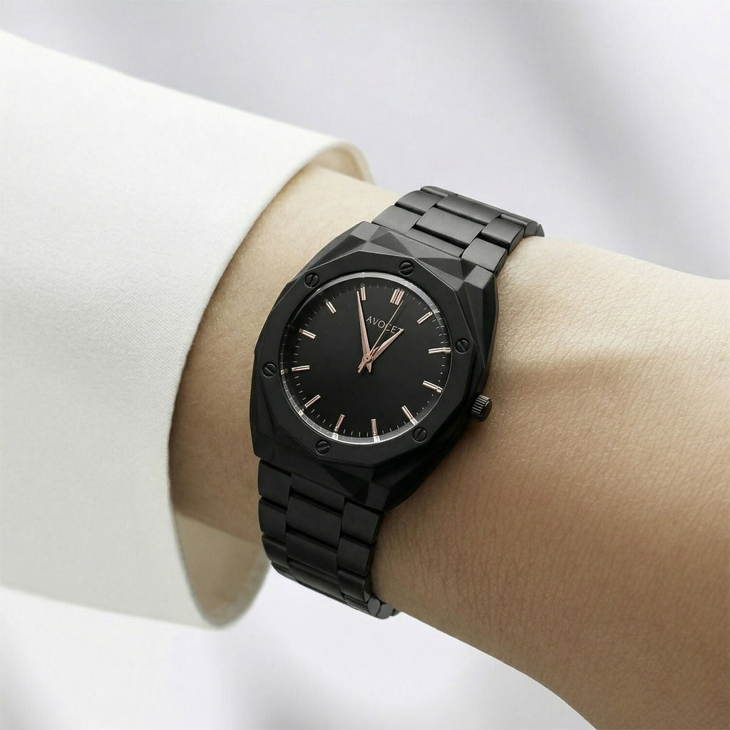 Luxury Matte Black Analog Watch – Elegant Geometric Dial & Metal Strap