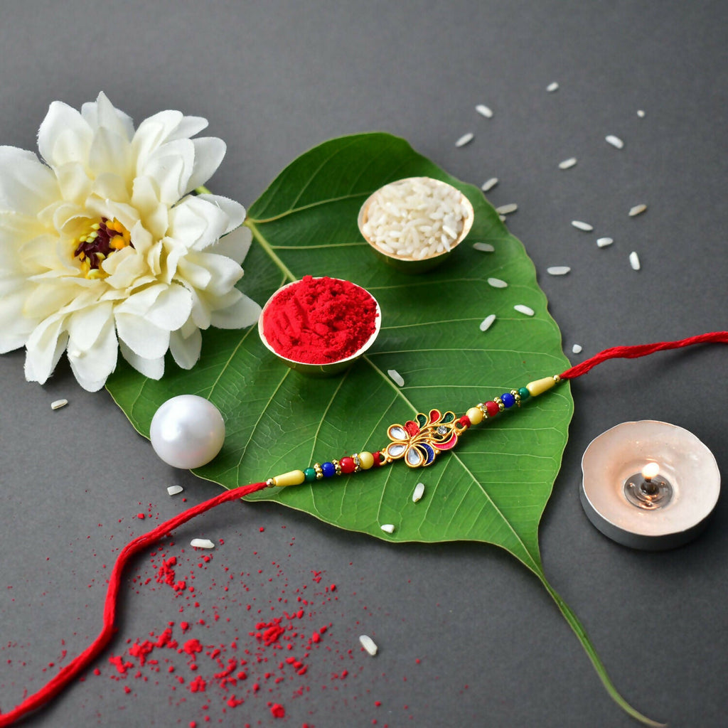 ALVENZA Peacock Feather Rakhi - Elegant Multicolor Beads for Brother