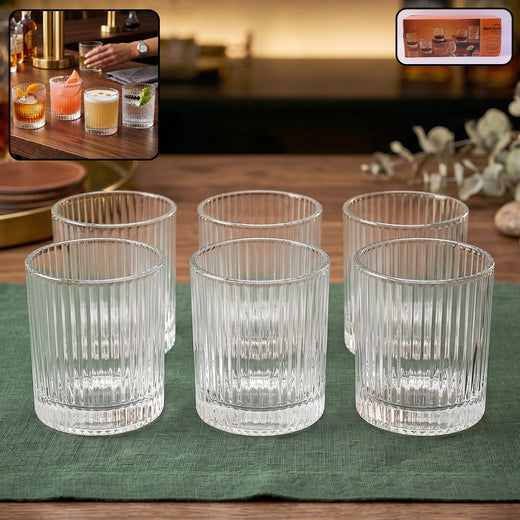 ALVENZA Crystal Glass Tumbler Set – Ribbed Design 250 ML Glass Set