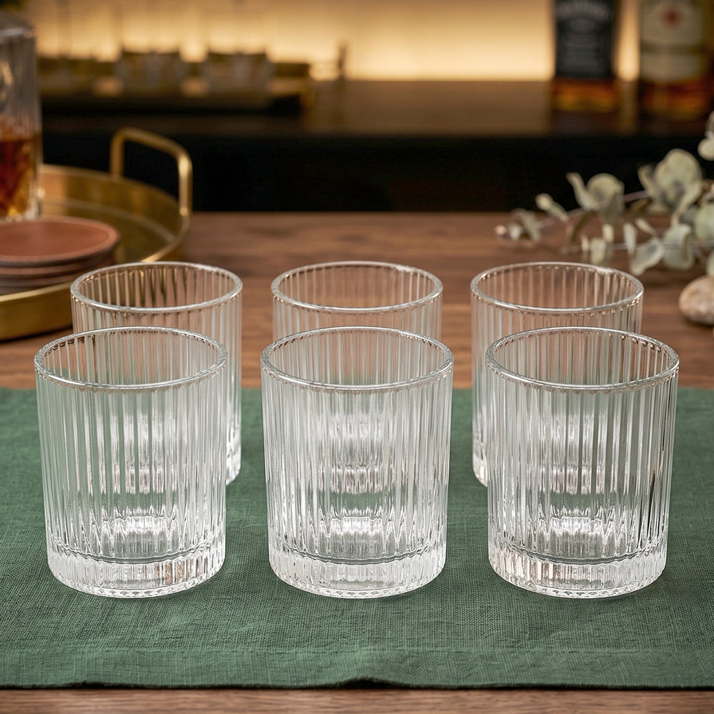 ALVENZA Crystal Glass Tumbler Set – Ribbed Design 250 ML Glass Set