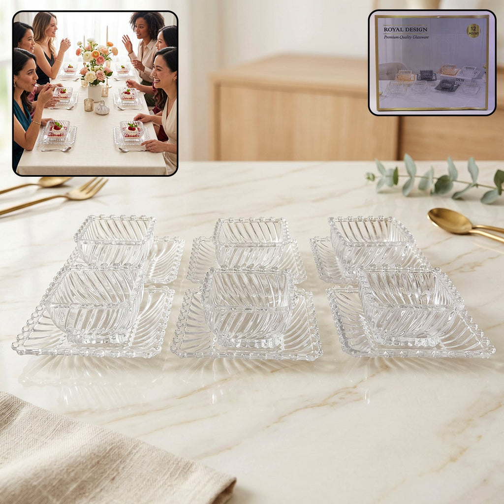 ALVENZA Glassware Serving Set – Elegant 12-Piece Snack & Dessert Plate Collection
