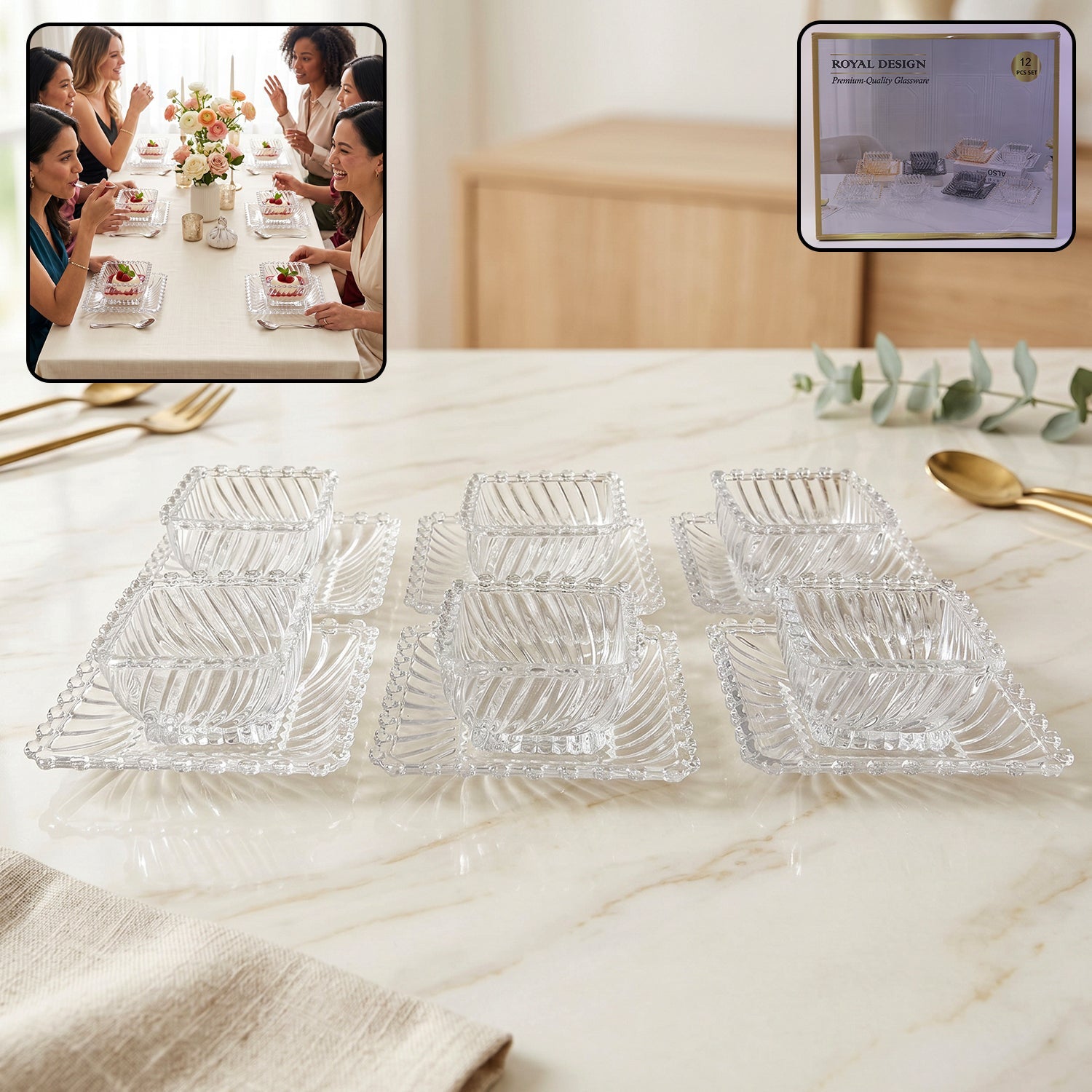 ALVENZA Glassware Serving Set – Elegant 12-Piece Snack & Dessert Plate Collection