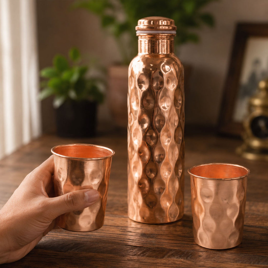 Copper Water Bottle Set Diamond Cut & 2 Glasses