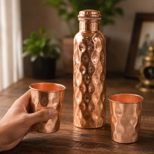Copper Water Bottle Set – Diamond Cut & 2 Glasses