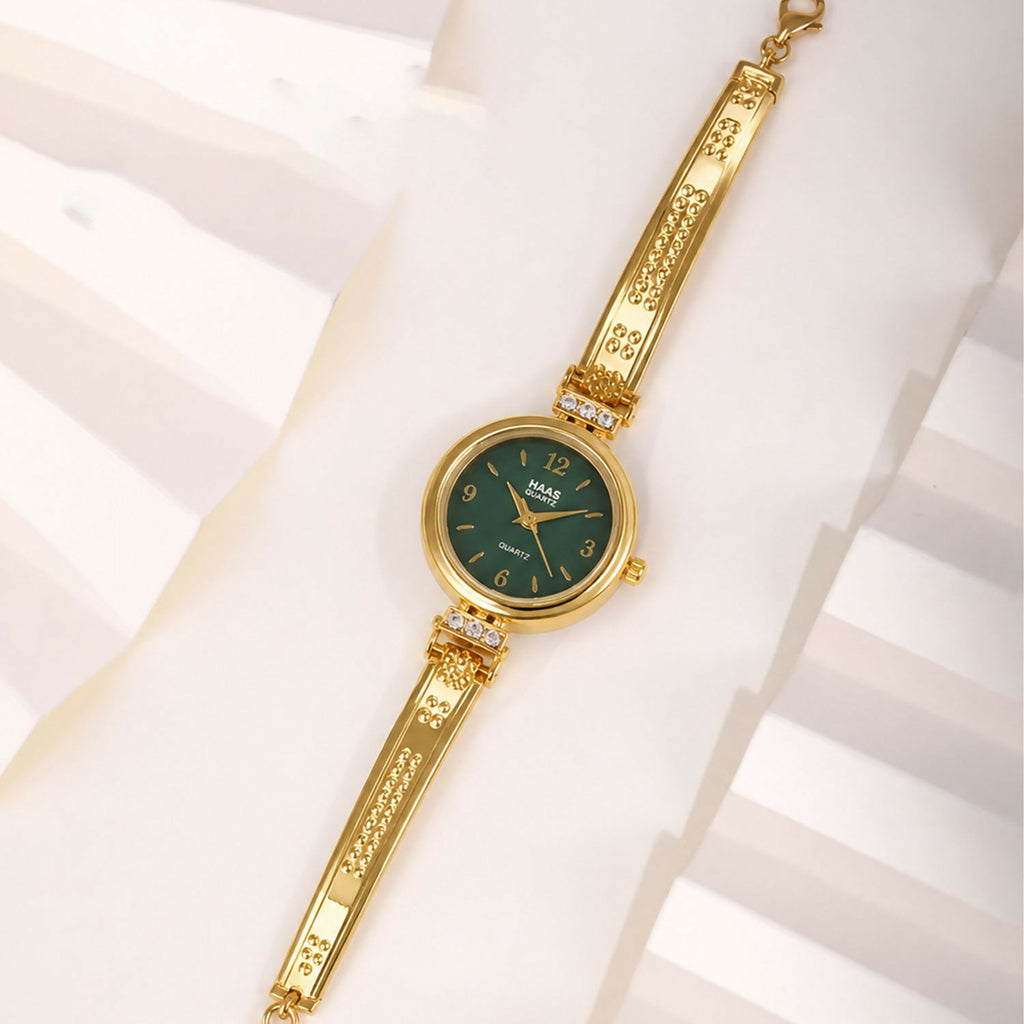 Gold Plated Bracelet Watch With Green Dial Crystal Accent Design For Women