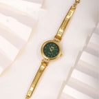 Gold Plated Bracelet Watch With Green Dial Crystal Accent Design For Women